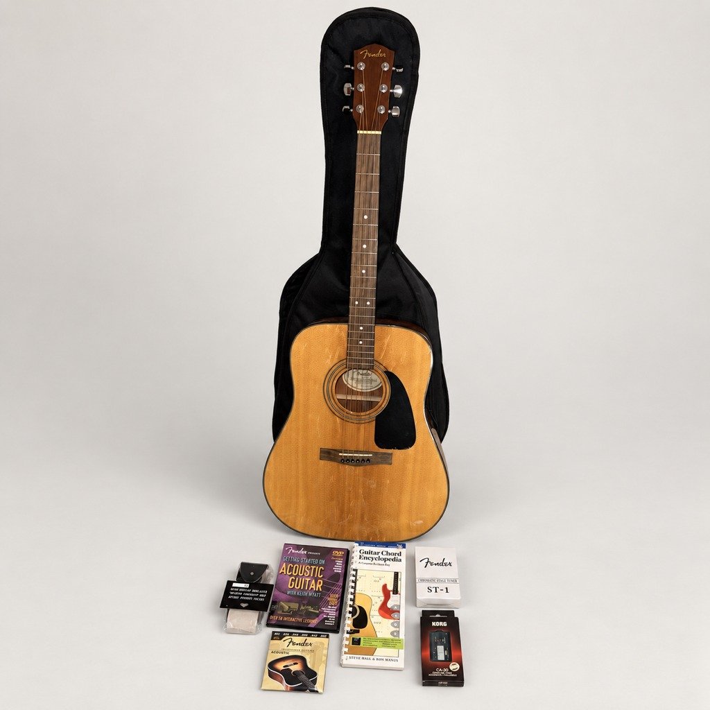 Fender DG-8S Dreadnought Acoustic Guitar Natural with Gig Bag Strap Tuner