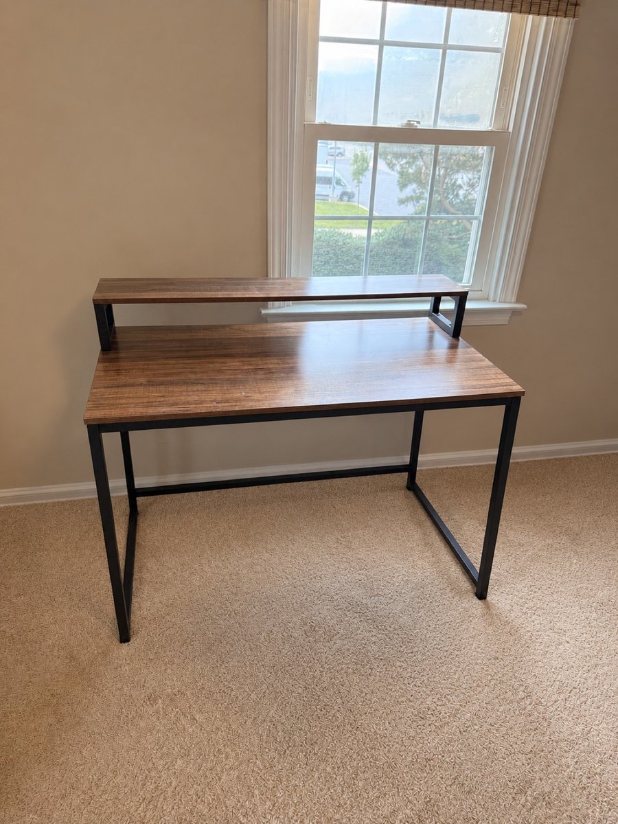 Desk, black steel A-frame, rustic plank top, with the back piece