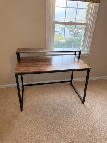 Desk, black steel A-frame, rustic plank top, with the back piece